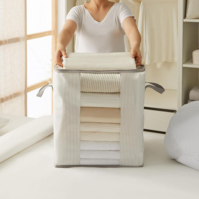 Ocean Home Textile 2'li Pvc Pencereli Stuff & Things Gri Çizgili Hurç Set