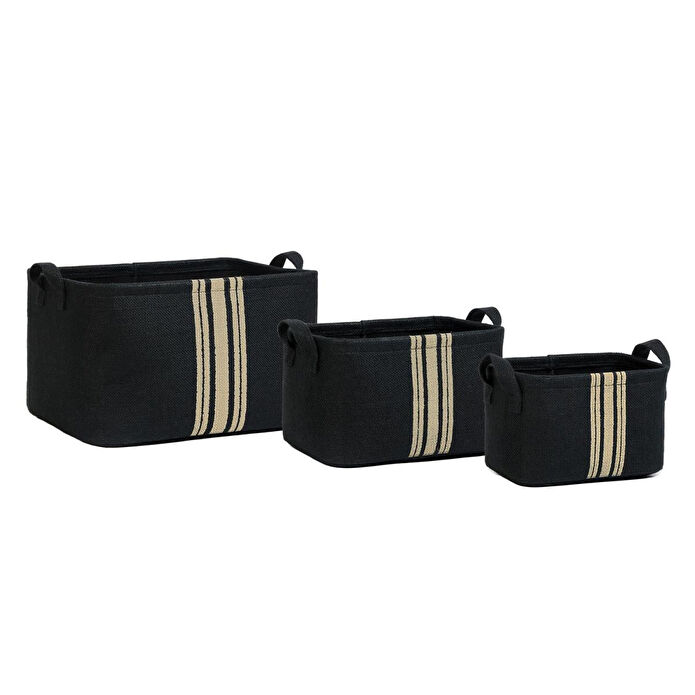 Ocean Home Textile 3'lü Çizgili Siyah Renk Jüt Sepet Set 24 X 17 X 14 / 30 X 21 X 18 / 42 X 31 X 25 Cm