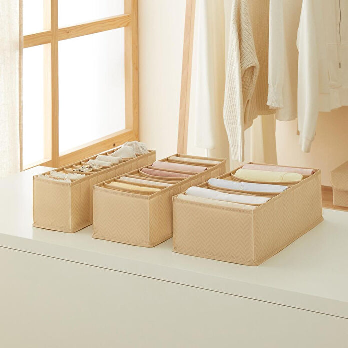 Ocean Home Textile 3'lü Bölmeli Bej Balıksırtı Çekmece Düzenleyici Set