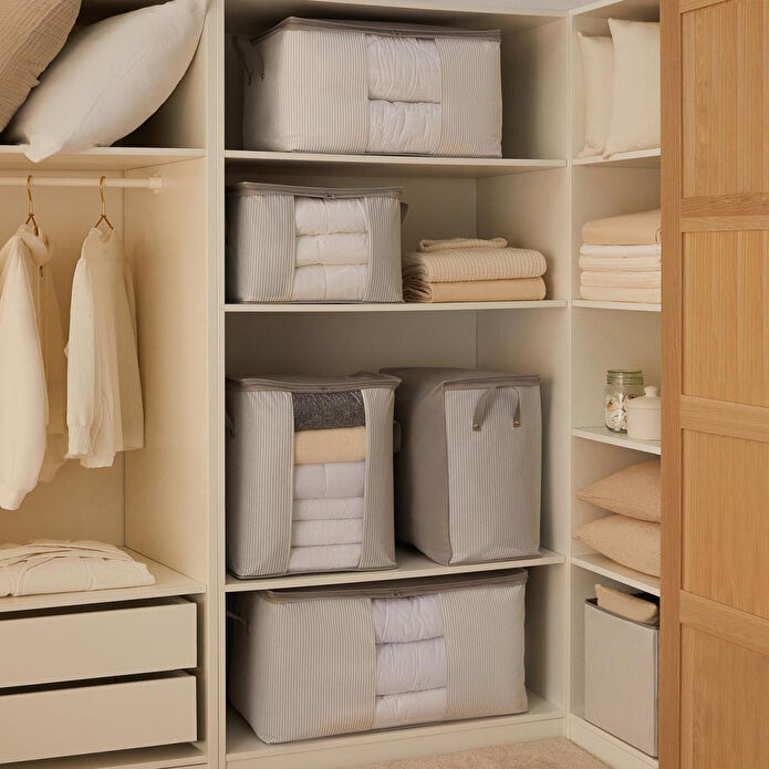 Ocean Home Textile Orta Boy Pvc Pencereli Gri Çizgili Stuff & Things Hurç 45 X 40 X 30 Cm