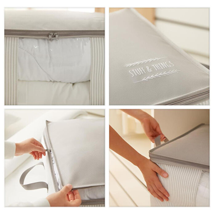 Ocean Home Textile Orta Boy Pvc Pencereli Gri Çizgili Stuff & Things Hurç 45 X 40 X 30 Cm