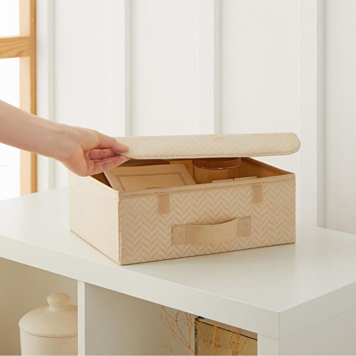 Ocean Home Textile 2'li Bej Balıksırtı Kapaklı Kutu Set 30 X 23 X 11 Cm