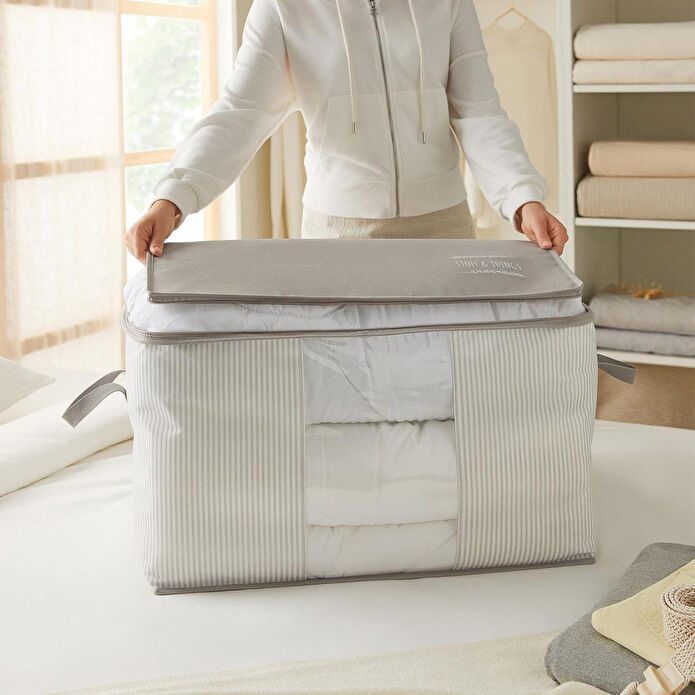 Ocean Home Textile Büyük Boy Pvc Pencereli Gri Çizgili Stuff & Things Hurç 60 X 43 X 35 Cm