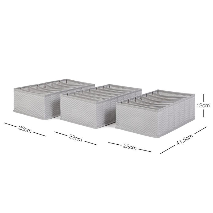 Ocean Home Textile 3'lü 7 Bölmeli Gri Balıksırtı Çekmece Düzenleyici Set