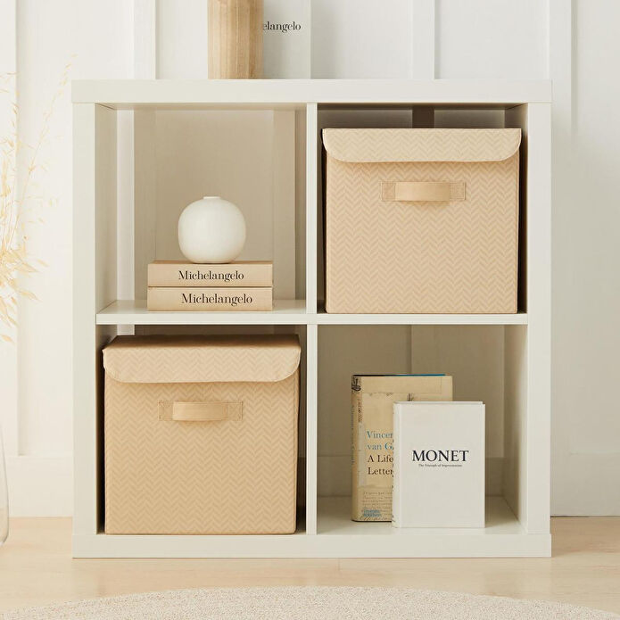 Ocean Home Textile 2'li Bej Balıksırtı Kapaklı Kutu Set 30 X 30 X 30 Cm