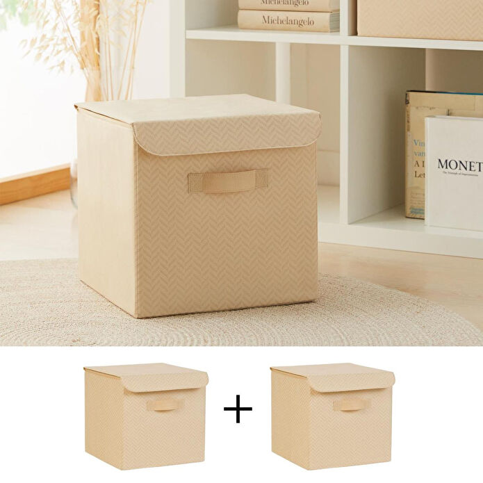 Ocean Home Textile 2'li Bej Balıksırtı Kapaklı Kutu Set 30 X 30 X 30 Cm