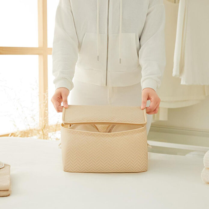 Ocean Home Textile Küçük Boy Bej Balıksırtı Hurç 30 X 22 X 18 Cm