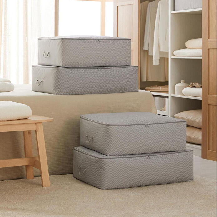 Ocean Home Textile 4'lü Gri Balıksırtı Baza Altı Hurç Set 2 Adet 62 X 46 X 22 / 2 Adet 74 X 46 X 22 Cm