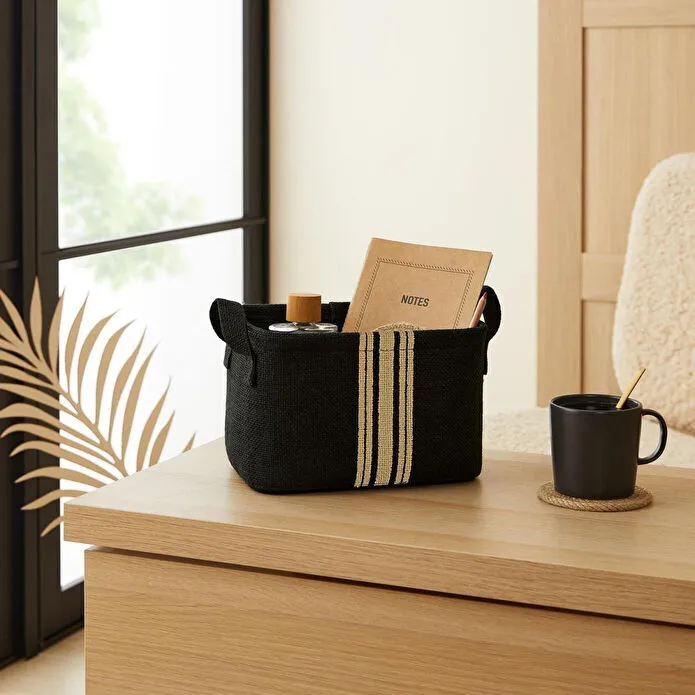 Ocean Home Textile 4'lü Çizgili Siyah Renk Jüt Sepet Set 24 X 17 X 14 / 30 X 21 X 18 / 42 X 31 X 25 / 36 X 40 Cm