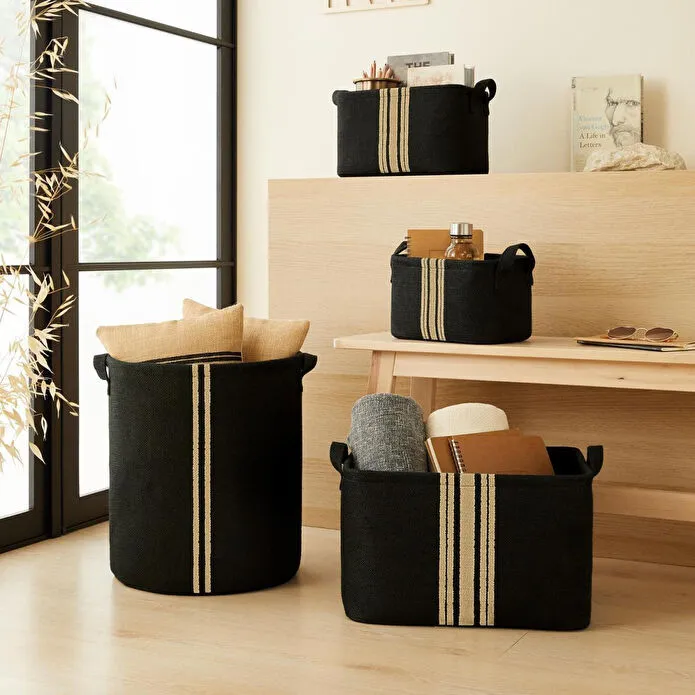 Ocean Home Textile 4'lü Çizgili Siyah Renk Jüt Sepet Set 24 X 17 X 14 / 30 X 21 X 18 / 42 X 31 X 25 / 36 X 40 Cm