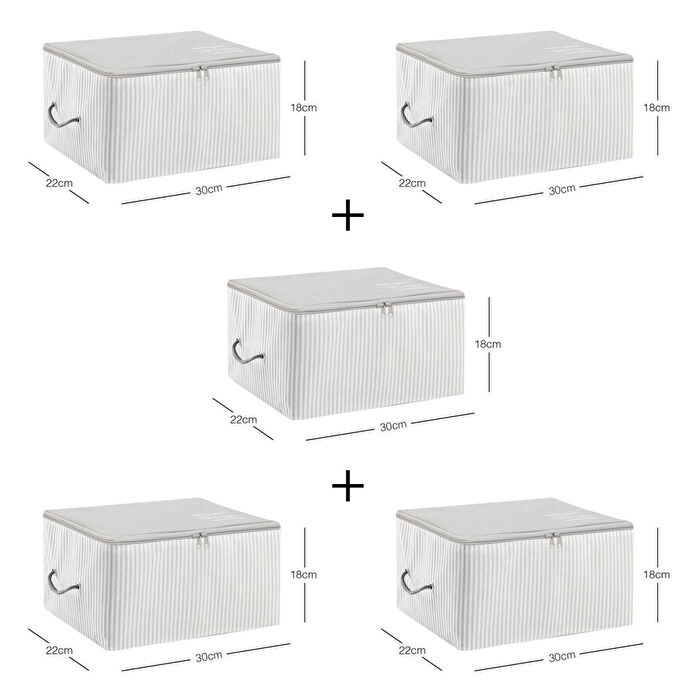 Ocean Home Textile 5'li Küçük Boy Gri Çizgili Stuff & Things Hurç Set 30 X 22 X 18 Cm