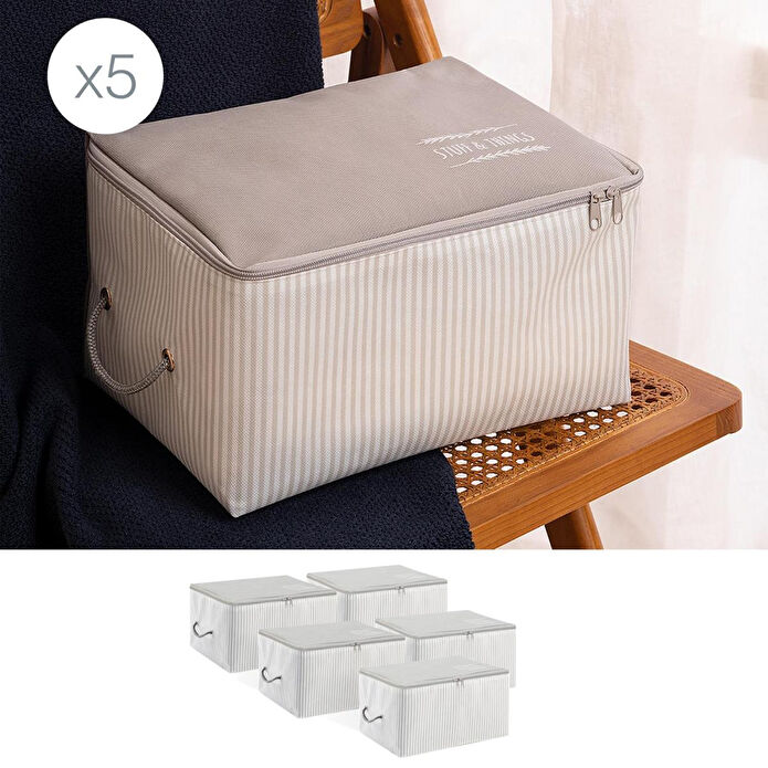 Ocean Home Textile 5'li Küçük Boy Gri Çizgili Stuff & Things Hurç Set 30 X 22 X 18 Cm