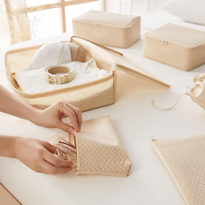 Ocean Home Textile 6'lı Bej Balıksırtı Bavul İçi Düzenleyici Set