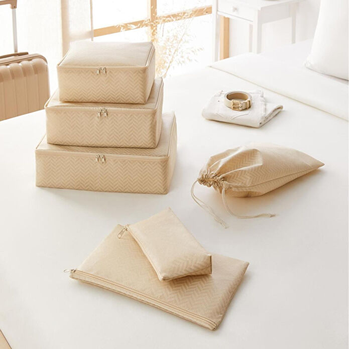 Ocean Home Textile 6'lı Bej Balıksırtı Bavul İçi Düzenleyici Set