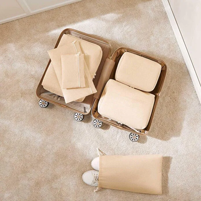 Ocean Home Textile 6'lı Jüt Keten Kumaş Bavul İçi Düzenleyici Set