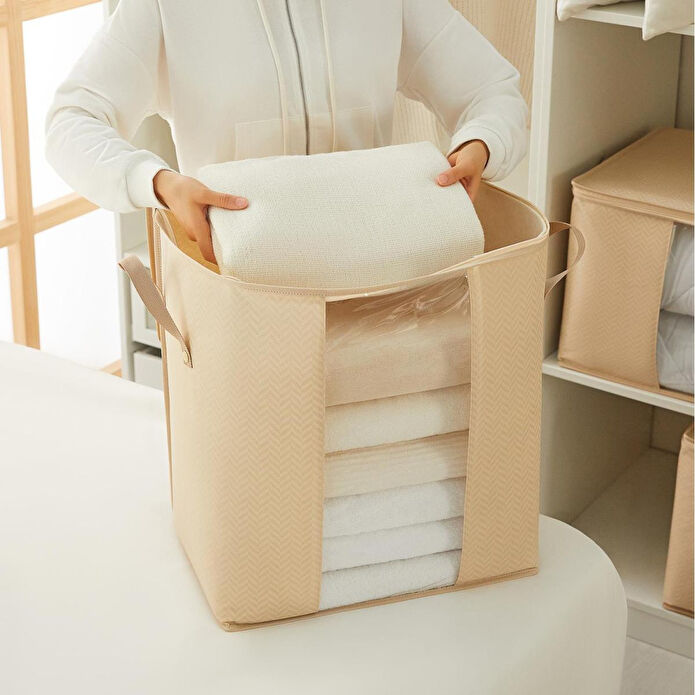 Ocean Home Textile 2'li Pvc Pencereli Bej Balıksırtı Hurç Set 45 X 30 X 50 Cm