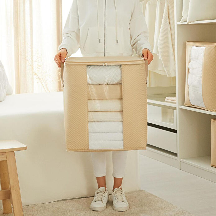 Ocean Home Textile 2'li Pvc Pencereli Bej Balıksırtı Hurç Set 45 X 30 X 50 Cm