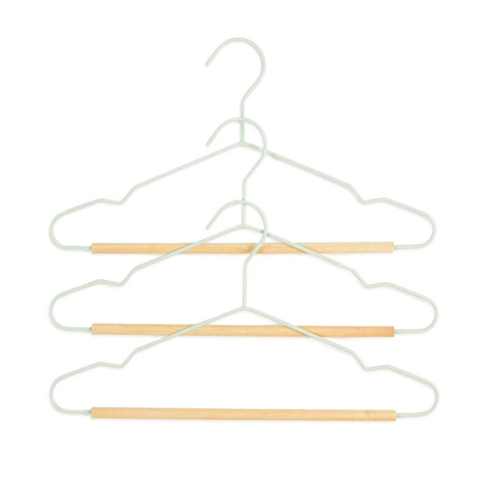 Ocean Home Textile 3'lü Ahşap Destekli Mat Mint Renk Kauçuk Kaplamalı Metal Çocuk Giysi Askısı 18 X 32 X 0.3 Cm