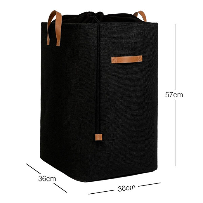 Ocean Home Textile Ağzı Büzgülü Siyah Renk Jüt Çamaşır Sepeti 36 X 36 X 57 Cm