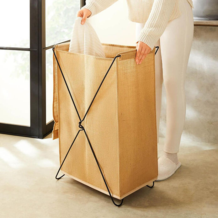 Ocean Home Textile Katlanabilir Bölmeli Siyah Metal Destekli Naturel Jüt Çamaşır Sepeti 44 X 29.5 X 63 Cm