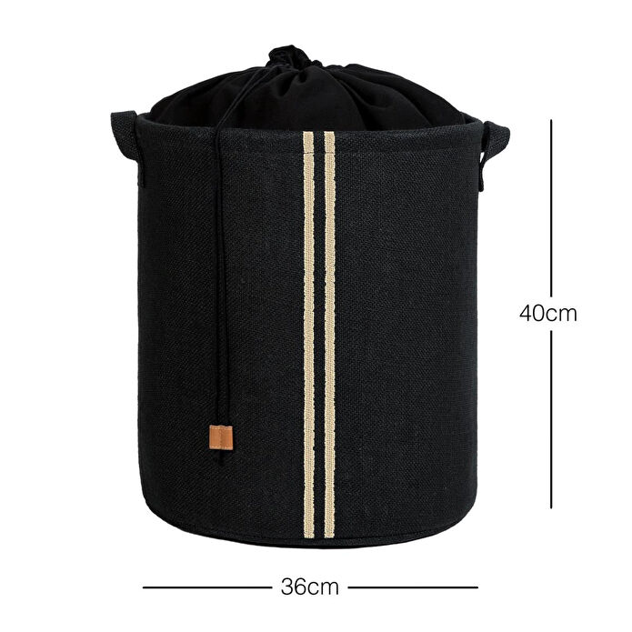 Ocean Home Textile Ağzı Büzgülü Çizgili Siyah Renk Jüt Çamaşır Sepeti 36 X 40 Cm