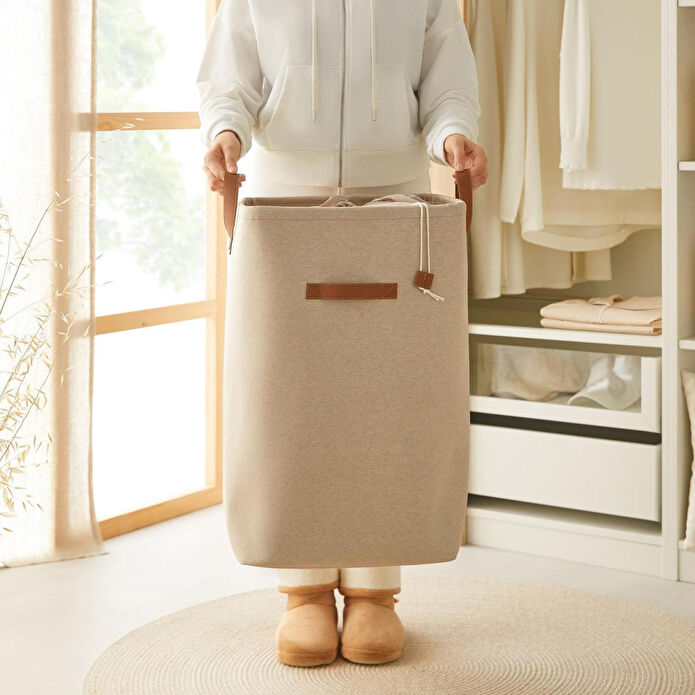 Ocean Home Textile Ağzı Büzgülü Bej Renk Çamaşır Sepeti 36 X 36 X 57 Cm