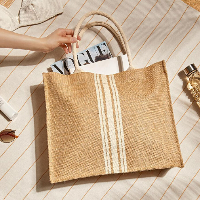 Ocean Home Textile Çizgili Jüt Çanta 42 X 35 X 12 Cm