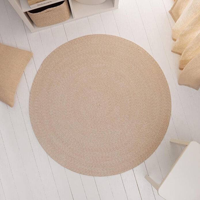 Ocean Home Textile Yıkanabilir Bej Kırçıllı Pamuklu Halı Kilim Ø 120 Cm