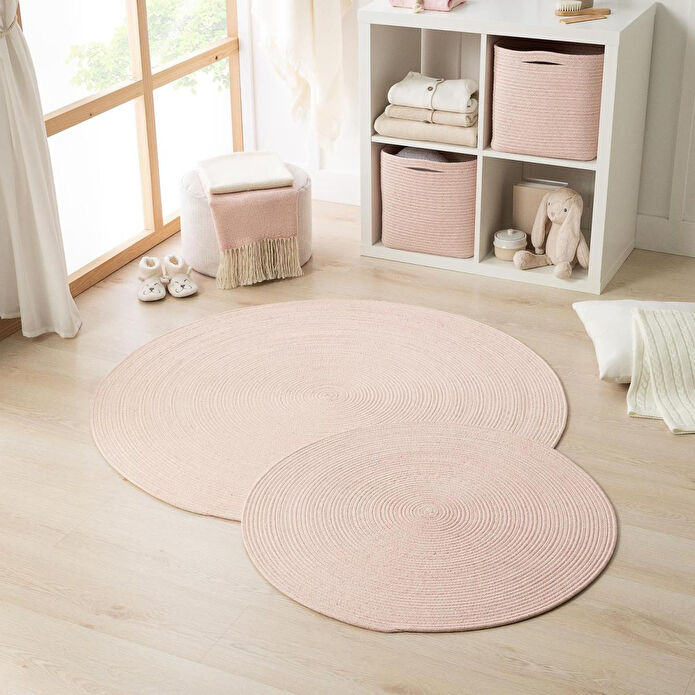 Ocean Home Textile Yıkanabilir Pembe Kırçıllı Pamuklu Halı Kilim Ø 120 Cm