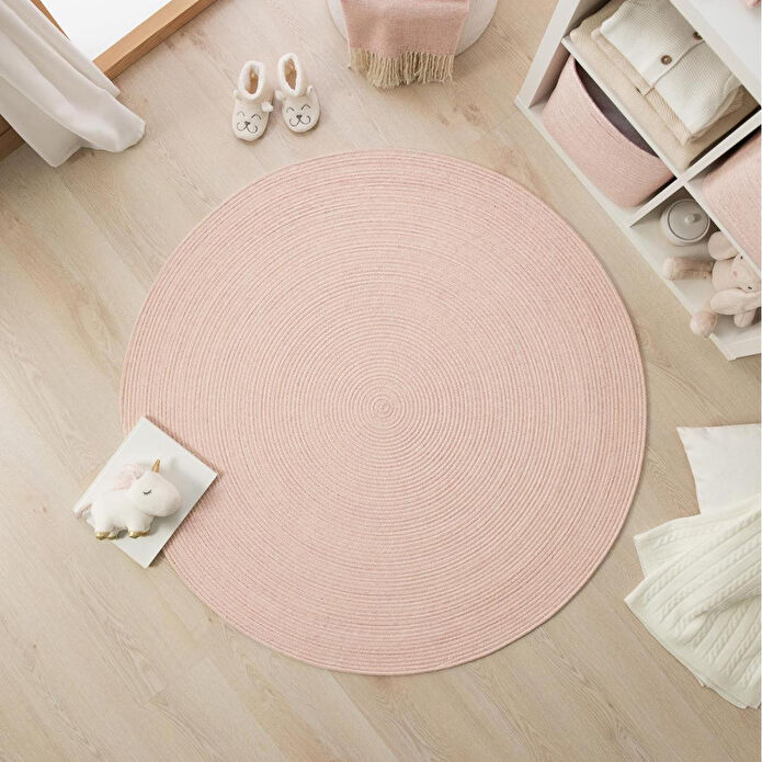 Ocean Home Textile Yıkanabilir Pembe Kırçıllı Pamuklu Halı Kilim Ø 120 Cm