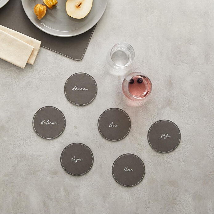 Ocean Home Textile 6'li Gri Renk Deri Bardak Altlığı Ø 10 Cm