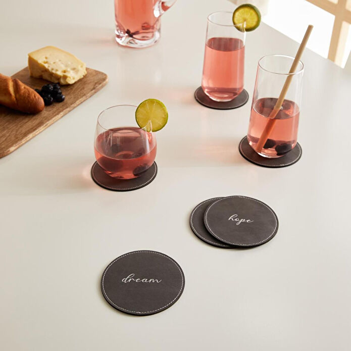 Ocean Home Textile 6'li Gri Renk Deri Bardak Altlığı Ø 10 Cm