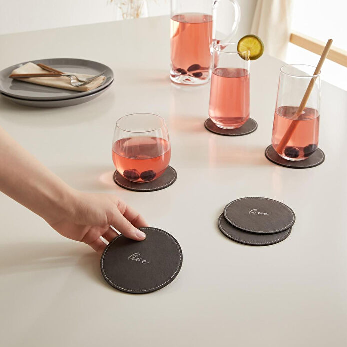 Ocean Home Textile 6'li Gri Renk Deri Bardak Altlığı Ø 10 Cm