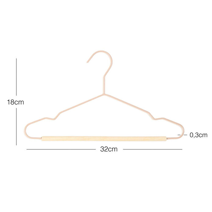 Ocean Home Textile 12'li Ahşap Destekli Mat Pudra Pembe Renk Kauçuk Kaplamalı Metal Çocuk Giysi Askısı 18 X 32 X 0.3 Cm