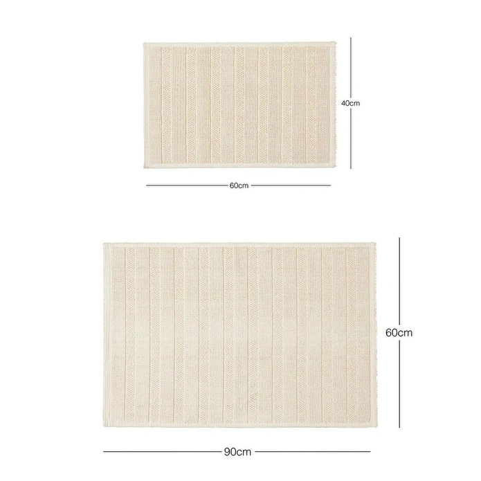 Ocean Home Textile 2'li Yıkanabilir Pamuklu Ekru Renk Çizgi Desen Banyo Paspası 40 X 60 / 60 X 90 Cm