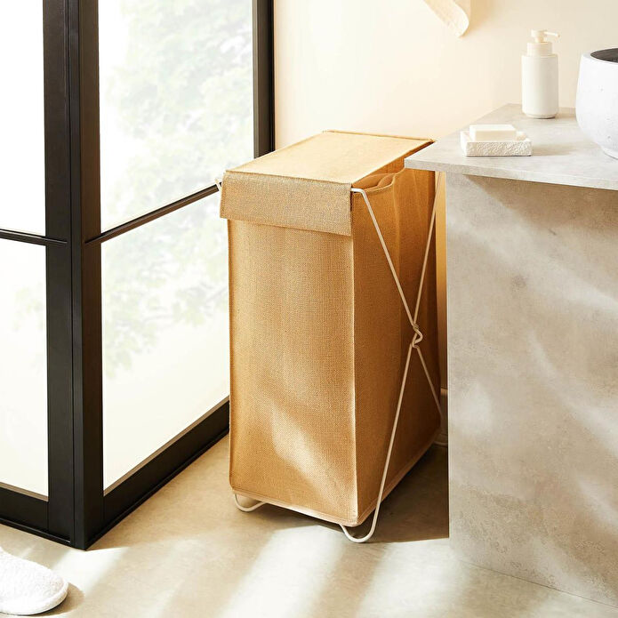 Ocean Home Textile Katlanabilir Bölmeli Beyaz Metal Destekli Naturel Jüt Çamaşır Sepeti 44 X 29.5 X 63 Cm