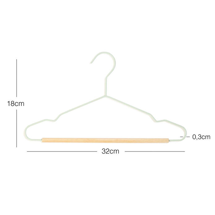 Ocean Home Textile 12'li Ahşap Destekli Mat Mint Renk Kauçuk Kaplamalı Metal Çocuk Giysi Askısı 18 X 32 X 0.3 Cm