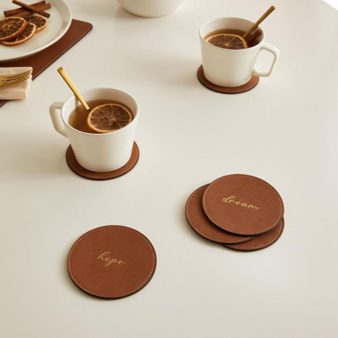 Ocean Home Textile 6'lı Taba Renk Deri Bardak Altlığı Ø 10 Cm