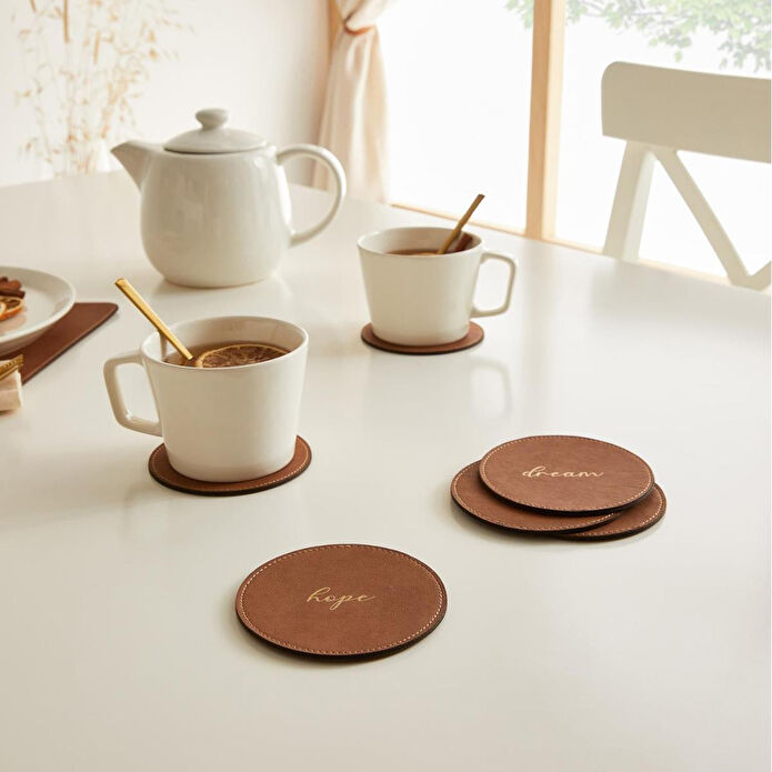 Ocean Home Textile 6'lı Taba Renk Deri Bardak Altlığı Ø 10 Cm