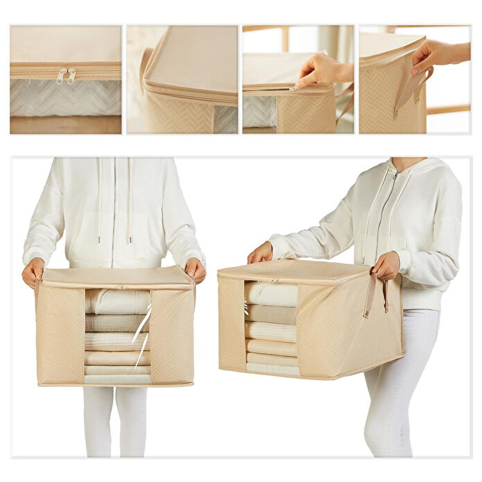 Ocean Home Textile Orta Boy Pvc Pencereli Bej Balıksırtı Hurç 45 X 40 X 30 Cm