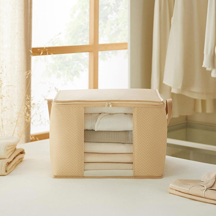 Ocean Home Textile Orta Boy Pvc Pencereli Bej Balıksırtı Hurç 45 X 40 X 30 Cm