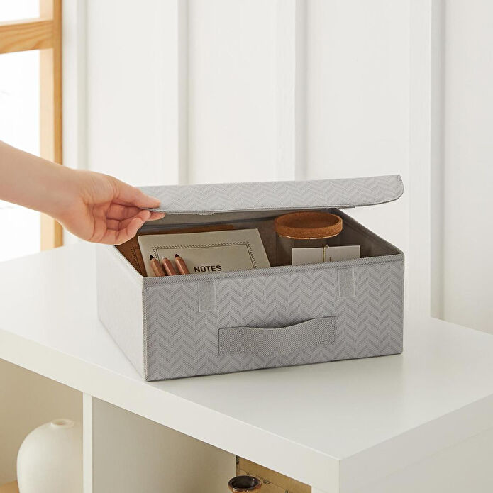 Ocean Home Textile 2'li Gri Balıksırtı Kapaklı Kutu Set 30 X 23 X 11 Cm