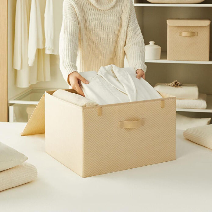 Ocean Home Textile Bej Balıksırtı Kapaklı Kutu 48 X 40 X 30 Cm