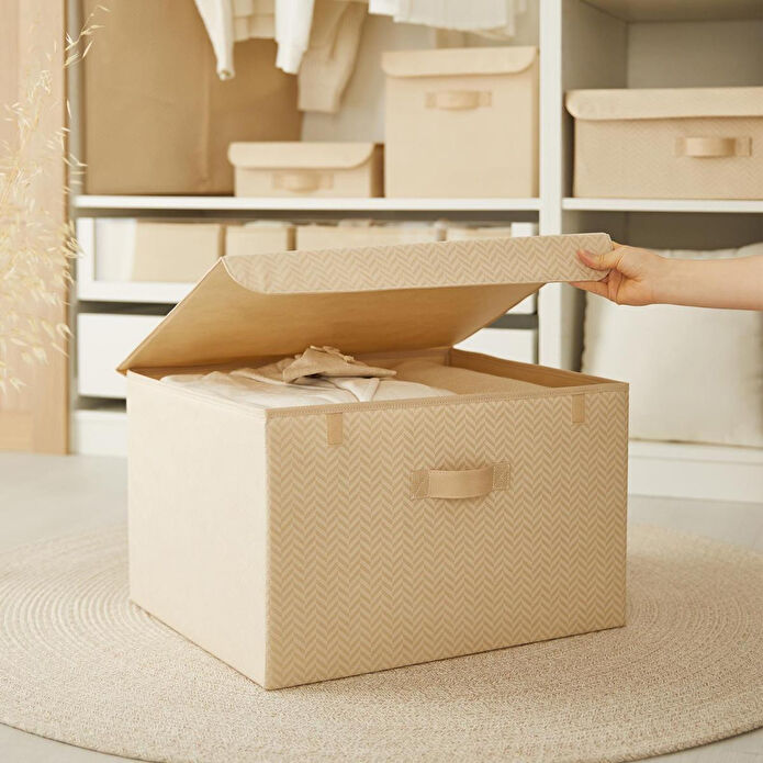 Ocean Home Textile Bej Balıksırtı Kapaklı Kutu 48 X 40 X 30 Cm