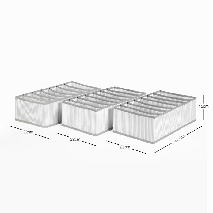 Ocean Home Textile 3'lü 7 Bölmeli Gri Çizgili Çekmece İçi Düzenleyici Set
