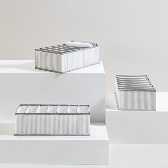 Ocean Home Textile 3'lü 7 Bölmeli Gri Çizgili Çekmece İçi Düzenleyici Set