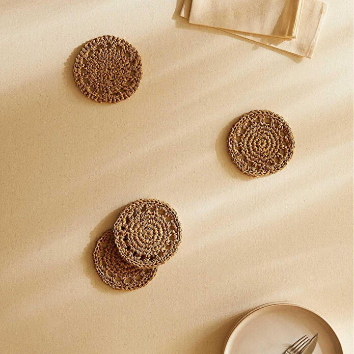 Ocean Home Textile 4'lü Bej Renk Motifli Rafya Bardak Altlığı Ø 11 Cm