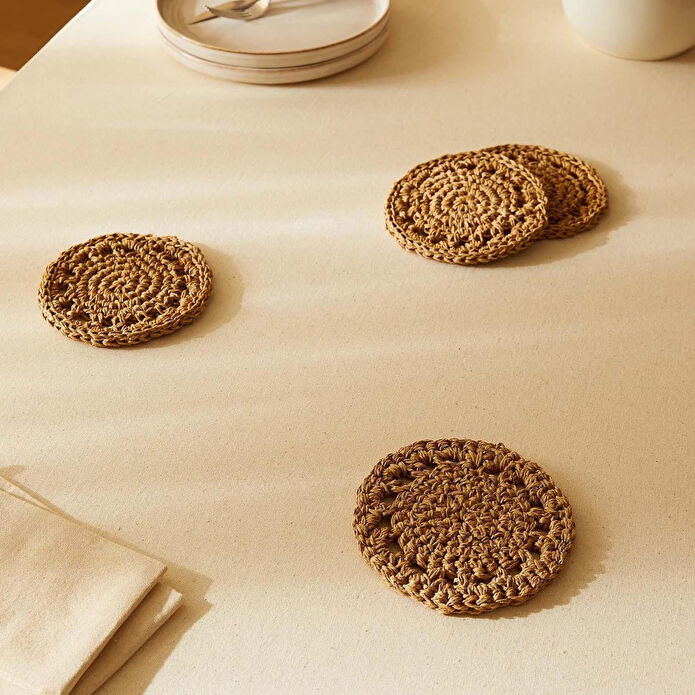 Ocean Home Textile 4'lü Bej Renk Motifli Rafya Bardak Altlığı Ø 11 Cm