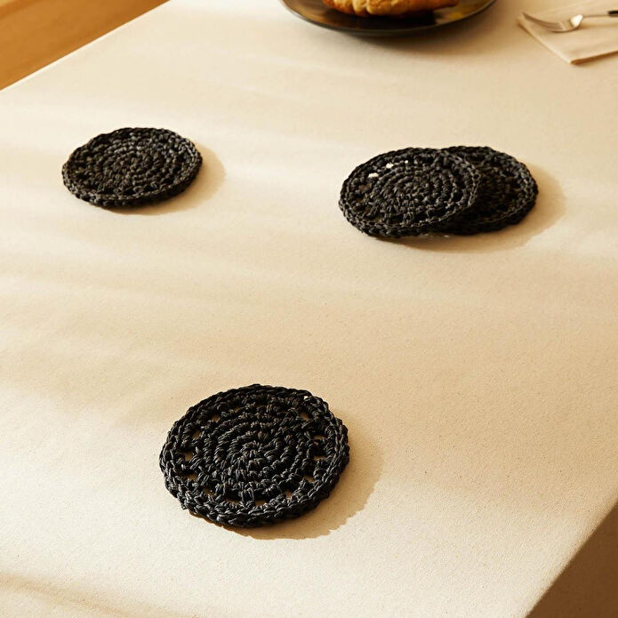 Ocean Home Textile 4'lü Siyah Renk Motifli Rafya Bardak Altlığı Ø 11 Cm