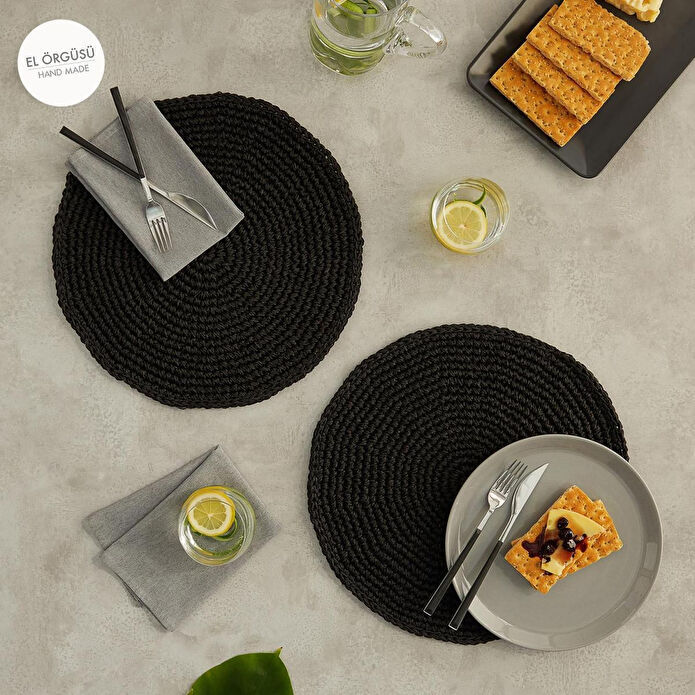 Home Wave Ocean Home Textile 2'li Siyah Renk Rafya Amerikan Servis Ø 36 Cm